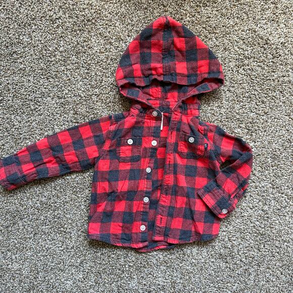 Oshkosh B’gosh Hooded Red Plaid Button Down Shirt Size 18 months - Picture 1 of 7